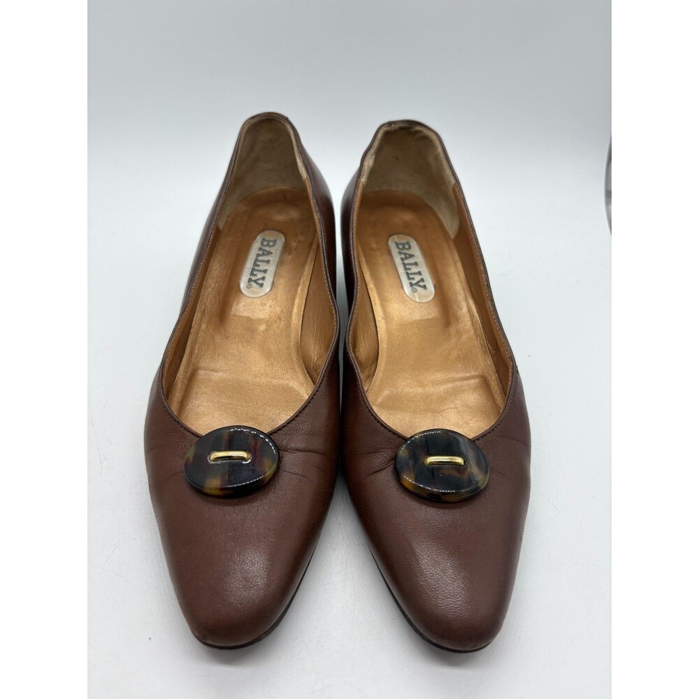 Vintage BALLY Brown Leather Low Wedge Shoes Pumps Tortoise Detail Flats